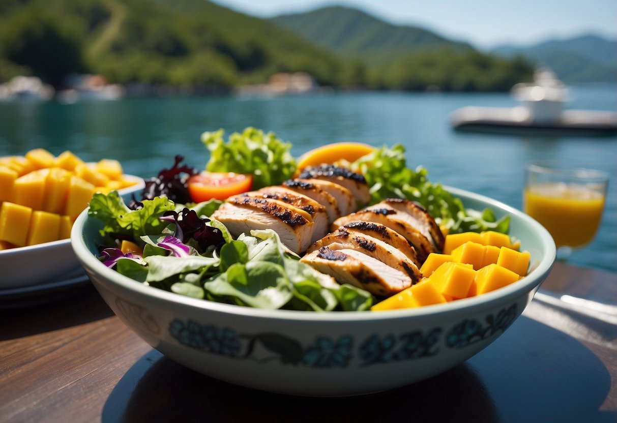 A colorful bowl with grilled chicken, mango, and mixed greens, surrounded by paddleboarding gear and a scenic waterfront view