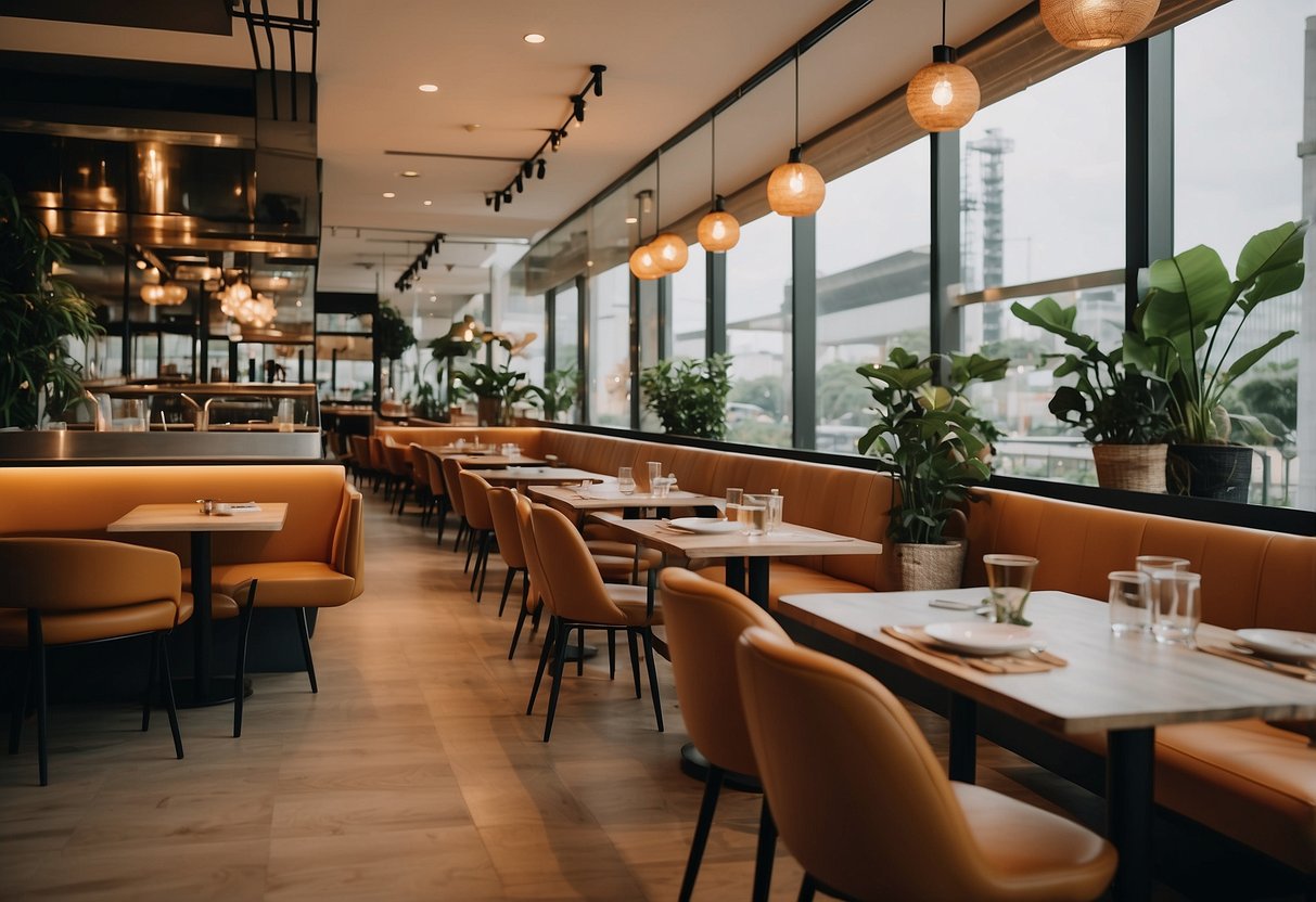 A cozy cafe with modern furniture in Singapore, featuring sleek tables and chairs, soft lighting, and a warm color palette