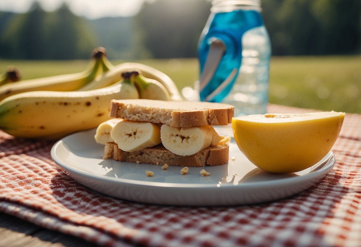 A peanut butter and banana sandwich sits on a checkered picnic blanket, surrounded by a paddleboard, paddle, and water bottle