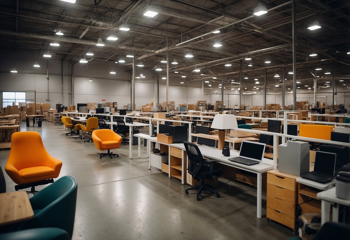 A warehouse filled with rows of modern, sleek commercial furniture in various colors and styles. Shelves stacked with chairs, tables, and desks