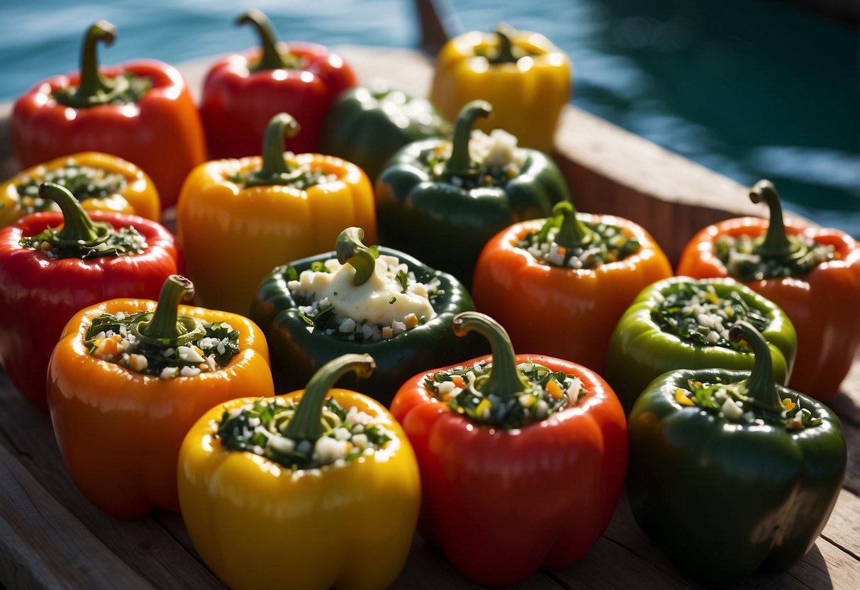 A colorful array of stuffed peppers, filled with vibrant green spinach and creamy feta cheese, ready to be enjoyed as a nutritious meal on a paddleboarding trip