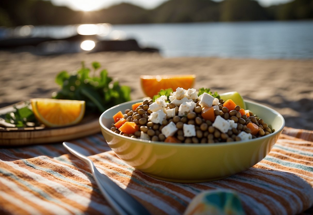 A colorful bowl of lentil and feta salad sits on a picnic blanket next to a paddleboard and paddle. The sun shines overhead, casting a warm glow on the vibrant and nutritious meal