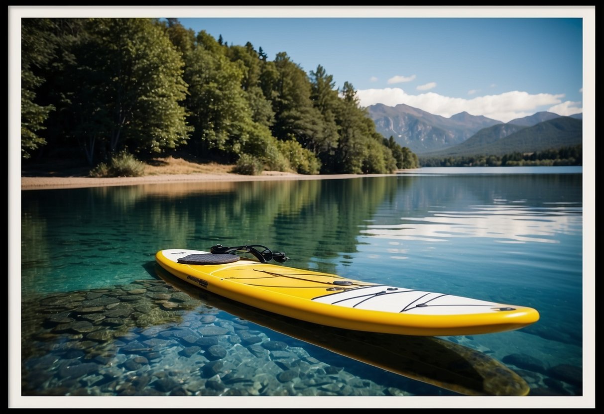 A paddleboard sits on calm water, surrounded by a picturesque landscape. Nearby, a spread of lightweight and nutritious meals awaits, offering sustenance for a day of adventure on the water