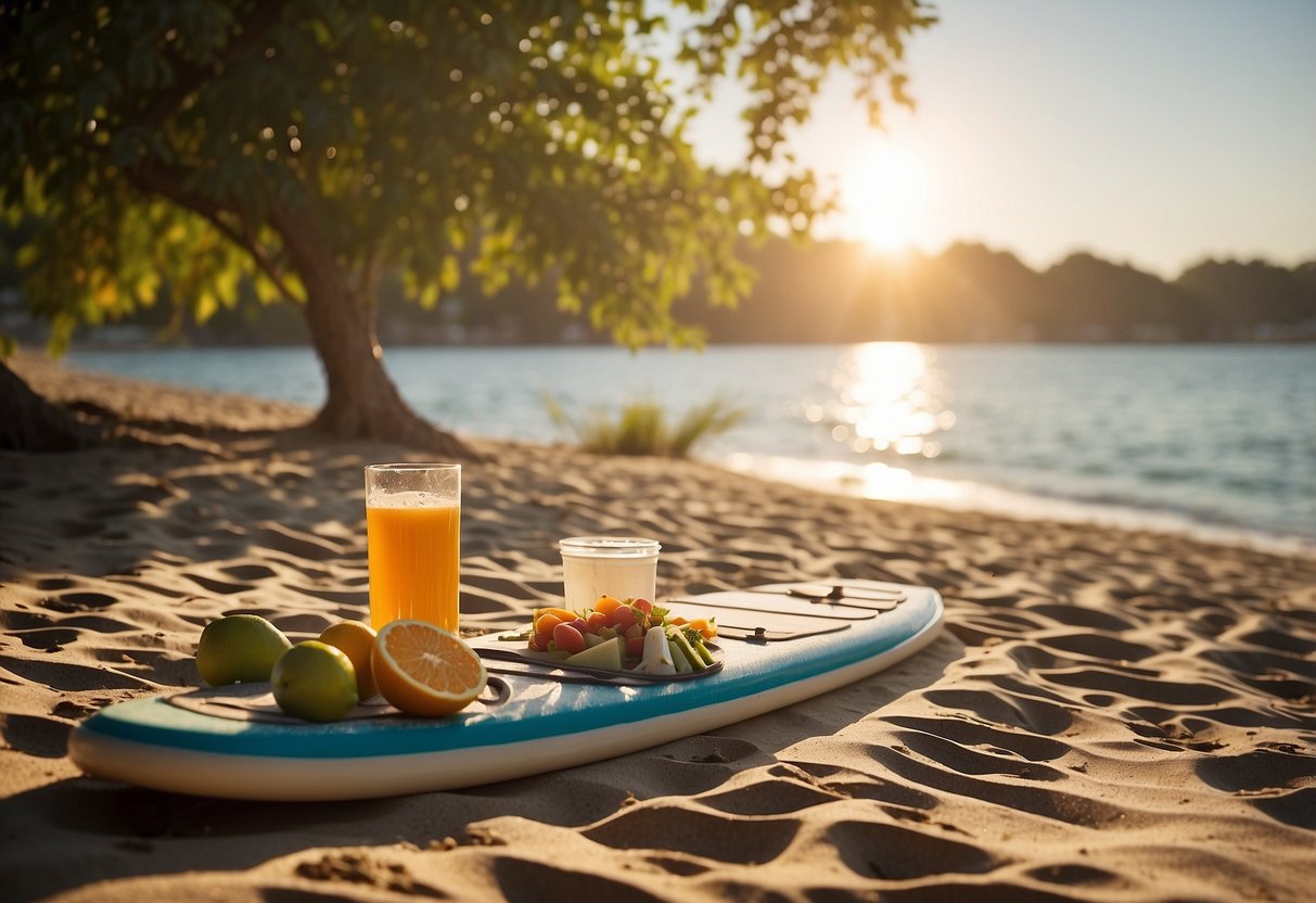 A paddleboard sits on a sandy beach with a picnic basket and lightweight, nutritious meal ingredients spread out around it. The sun is shining, and the water glistens in the background