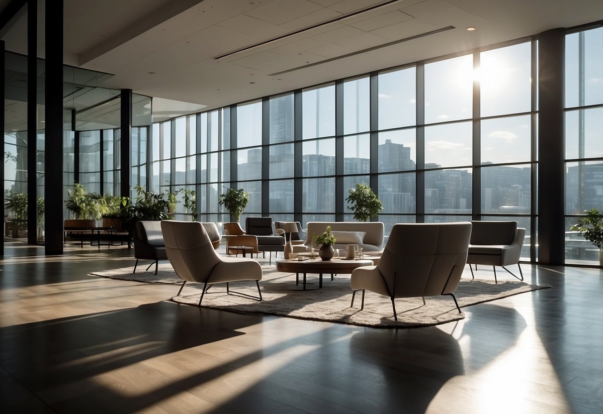 A spacious, modern commercial space with sleek, minimalist furniture and ample natural light streaming in through large windows