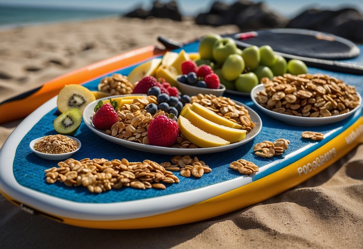 A paddleboard with a variety of lightweight and nutritious food items such as fruits, vegetables, nuts, and granola bars laid out on a beach towel