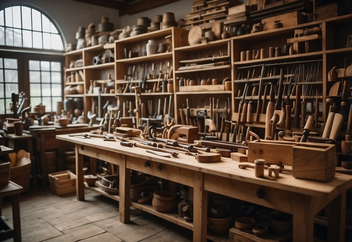 A workshop filled with traditional woodworking tools and intricate furniture pieces showcasing the heritage and craftsmanship of Ercol