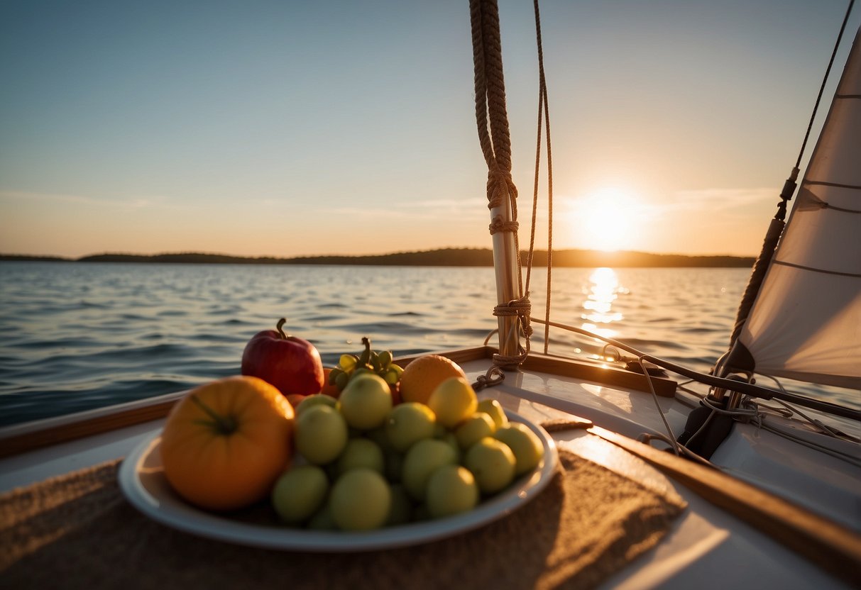 A sailboat glides across calm waters, surrounded by a vibrant sunset. Fresh fruits and vegetables sit in a cooler, while a yoga mat and water bottle rest on the deck