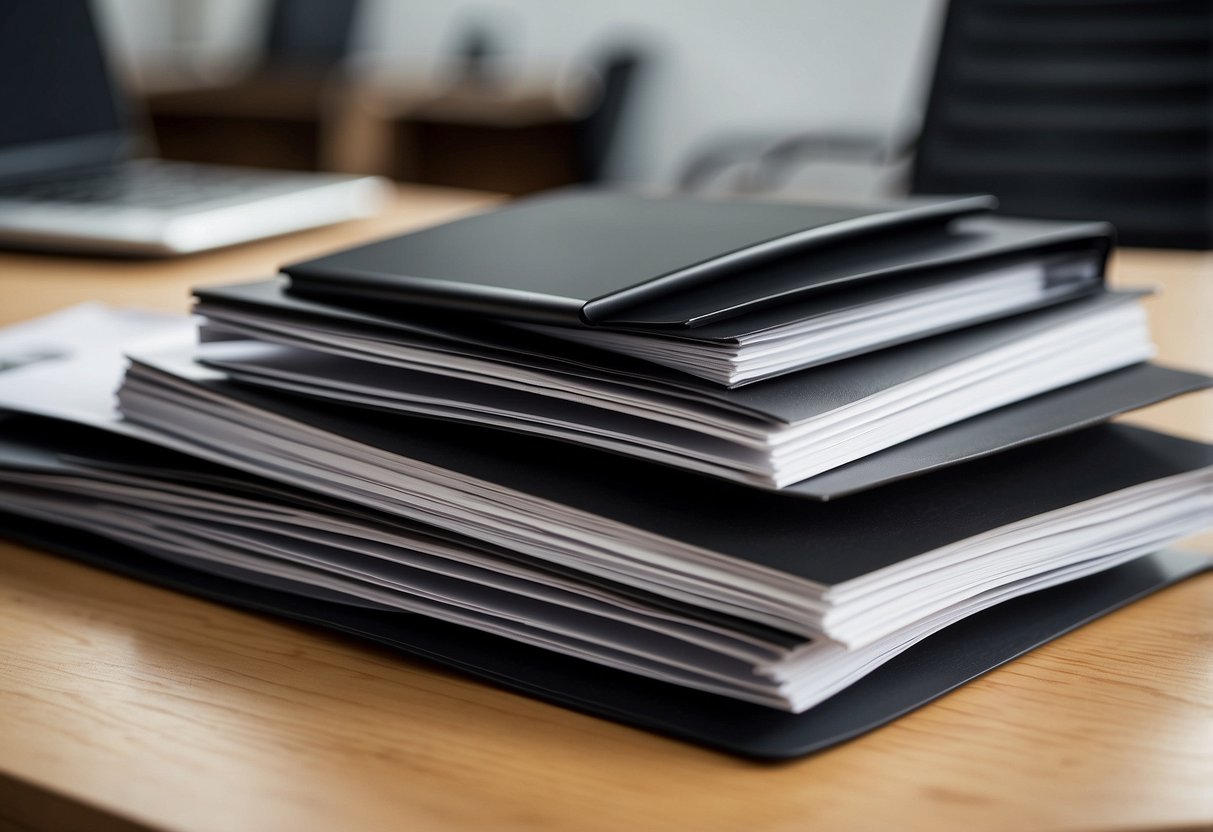A stack of brochures and catalogs on a sleek, modern desk with a computer and phone, surrounded by stylish office chairs and tables