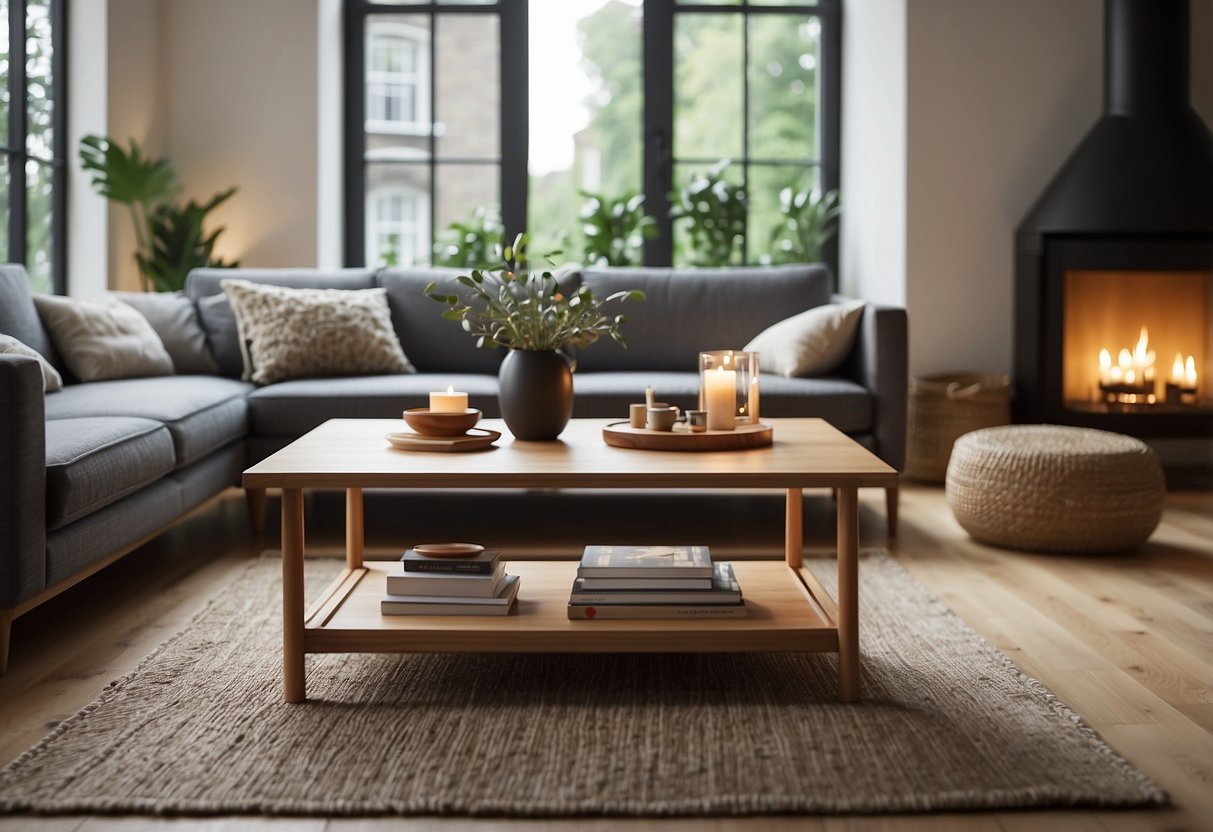 The ercol furniture catalogue lies open on a sleek, modern coffee table. A cozy living room is visible in the background, with soft lighting and stylish decor