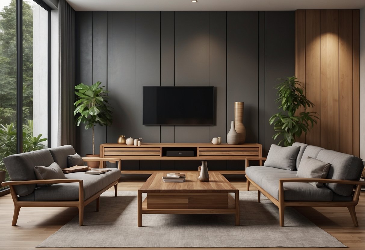 A cozy living room with Wihardja teak furniture, including a solid teak wood coffee table, a comfortable sofa, and a sleek teak wood TV console
