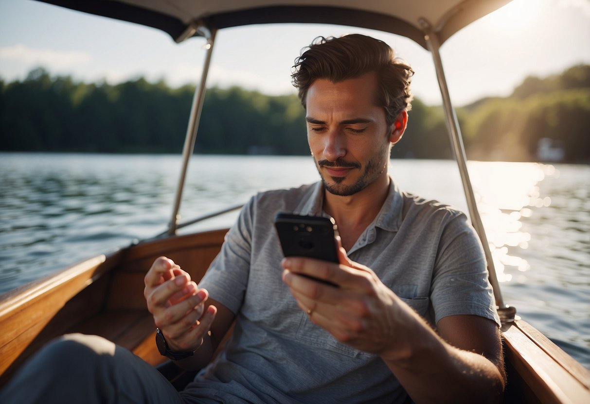 A person checking a smartphone with a weather forecast app, while sitting in a boat on calm water. Sun is shining, and the person looks relaxed and healthy