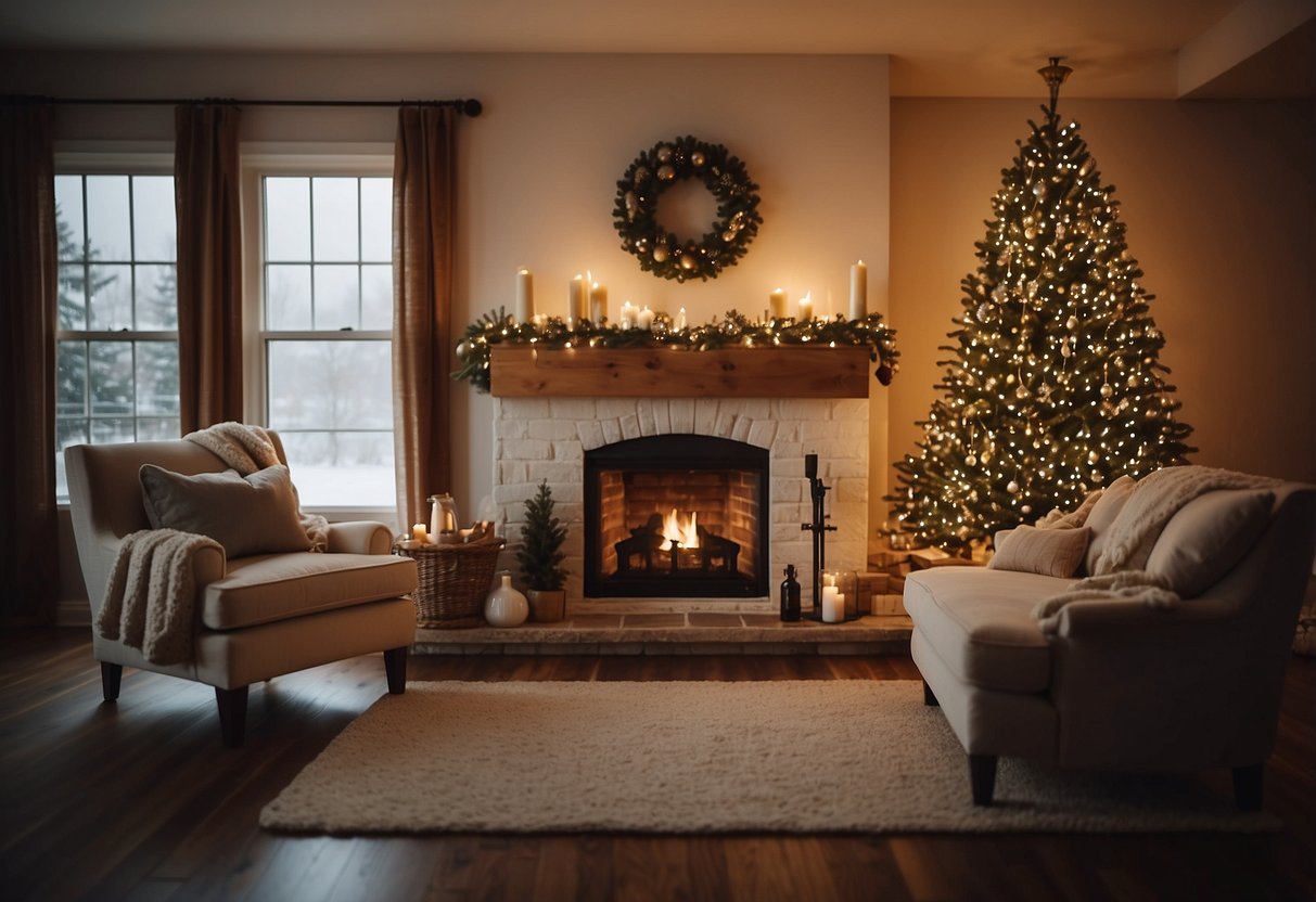 A festive living room with a decorated Christmas tree, cozy sofa, and armchairs. Festive pillows and throws are scattered around, and a fireplace is adorned with stockings