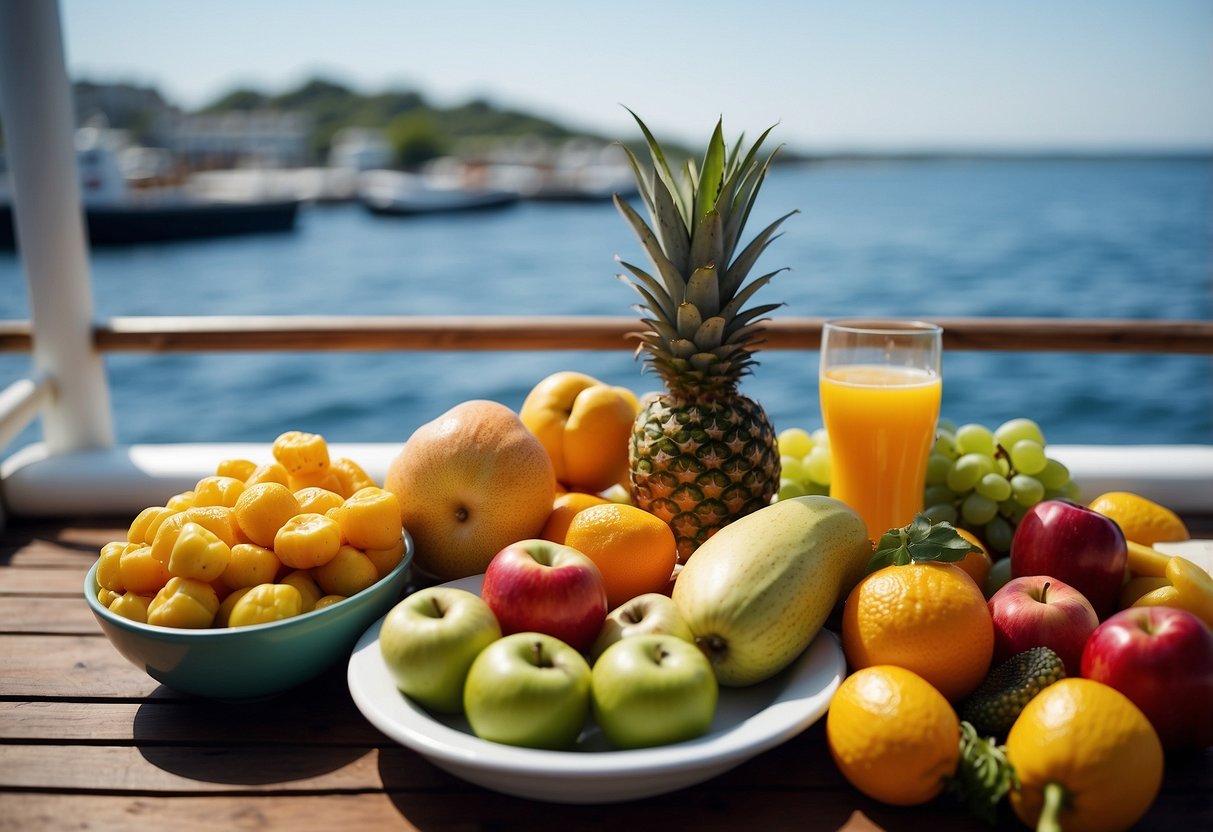 A colorful array of fruits, vegetables, and whole grains on a boat deck, with a water backdrop and a clear blue sky