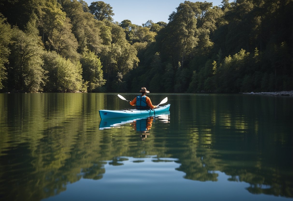 A person kayaking on calm water, surrounded by lush greenery and clear blue skies. A paddle lies across the kayak, and the person appears to be enjoying the serene and peaceful environment