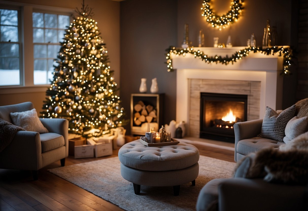 A festive living room with a cozy fireplace, adorned with twinkling lights and a beautifully decorated Christmas tree, surrounded by discounted furniture pieces with "Best Deals" signs