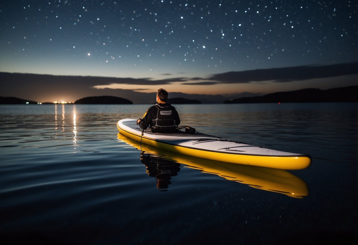 A paddleboard lies on calm water, illuminated by five lightweight headlamps. The night sky is clear, with stars reflecting on the surface