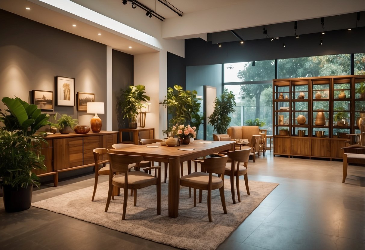 A spacious showroom with rows of teak furniture, warm lighting, and a welcoming atmosphere. Various furniture pieces are displayed, including tables, chairs, and shelves