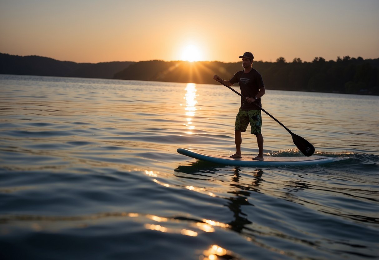 A paddleboarder wearing a Princeton Tec Vizz 5 headlamp navigates through the calm waters at dusk, with the light casting a bright beam ahead