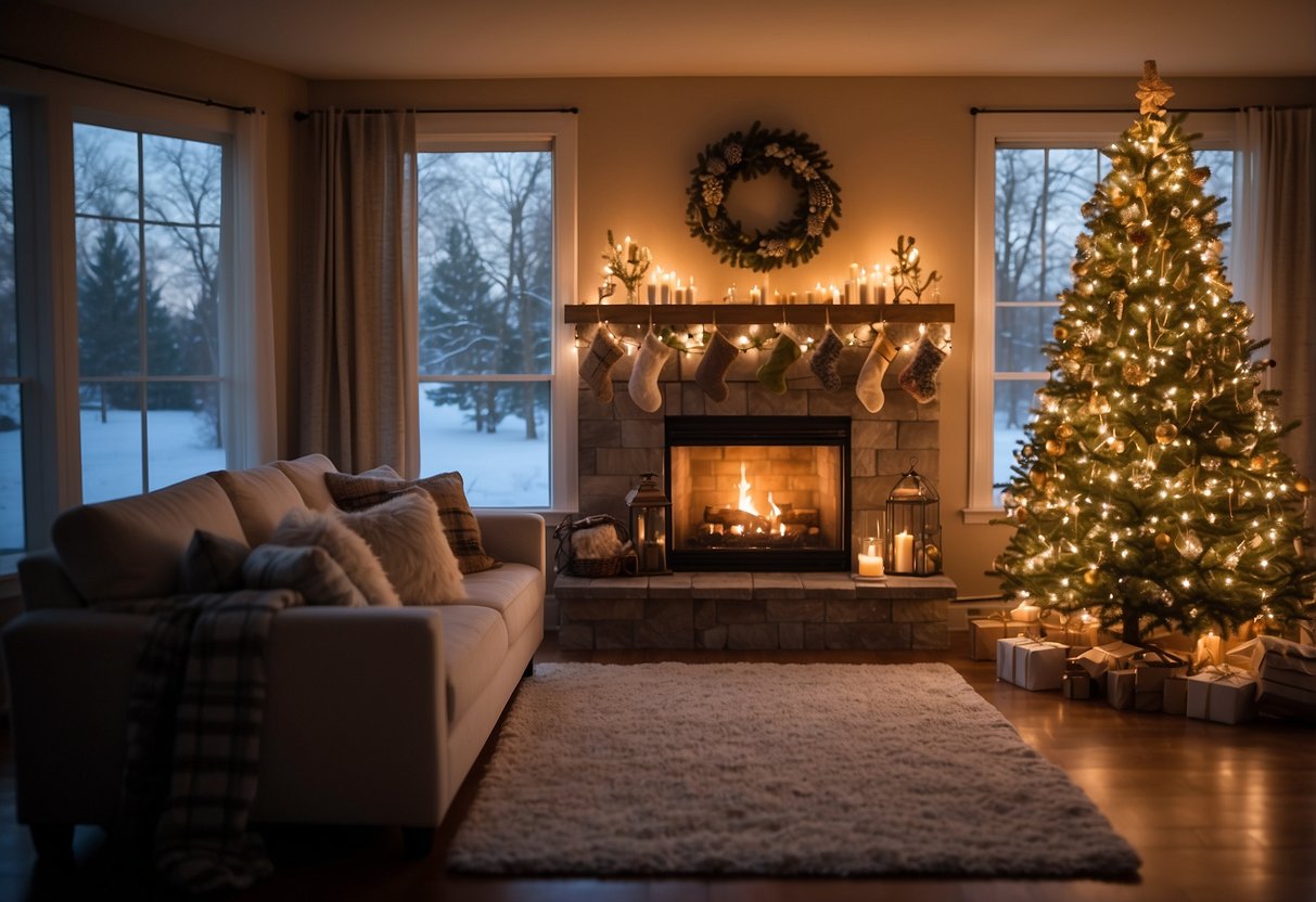 A warm, inviting living room with a crackling fireplace, soft blankets draped over a plush sofa, and twinkling Christmas lights adorning a beautifully decorated tree