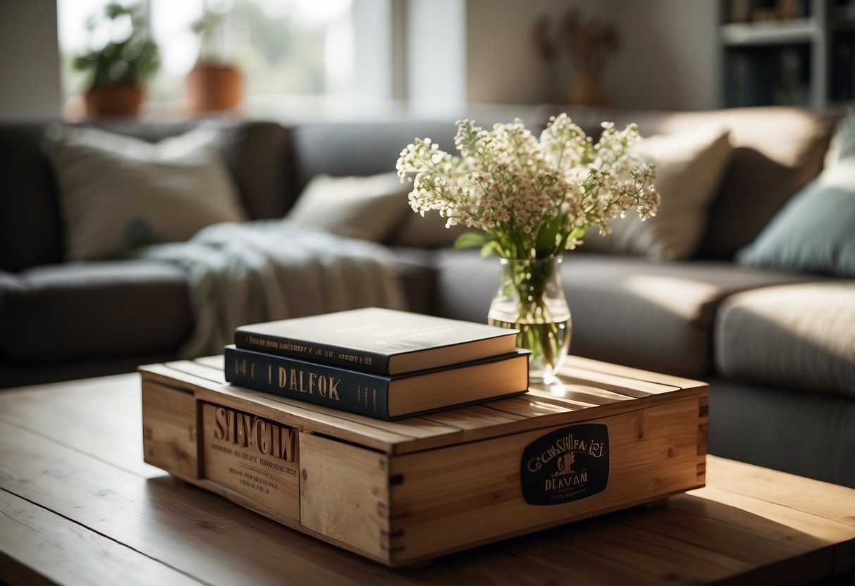 A cozy living room with a coffee table made from a wooden crate, adorned with a vase of flowers and a stack of books