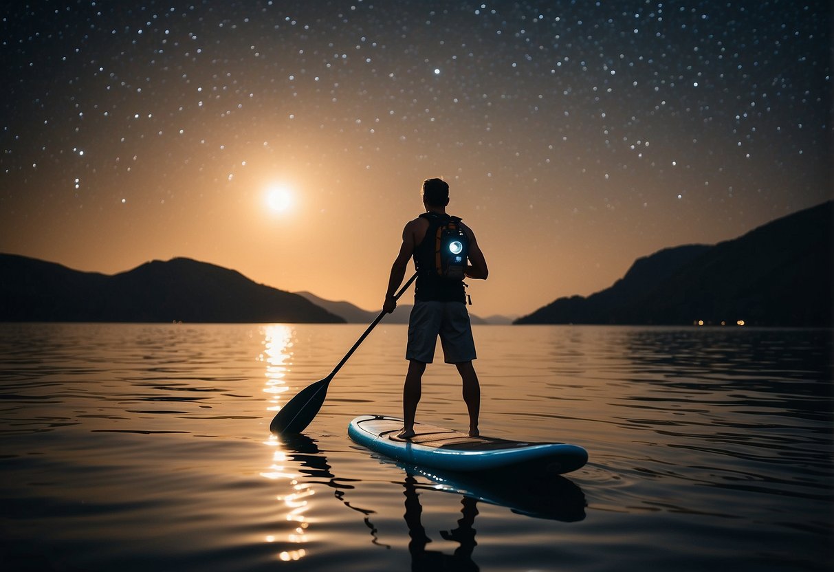 A person wearing a paddleboarding gear with a Fenix HL60R headlamp, paddling on calm water under a starry night sky