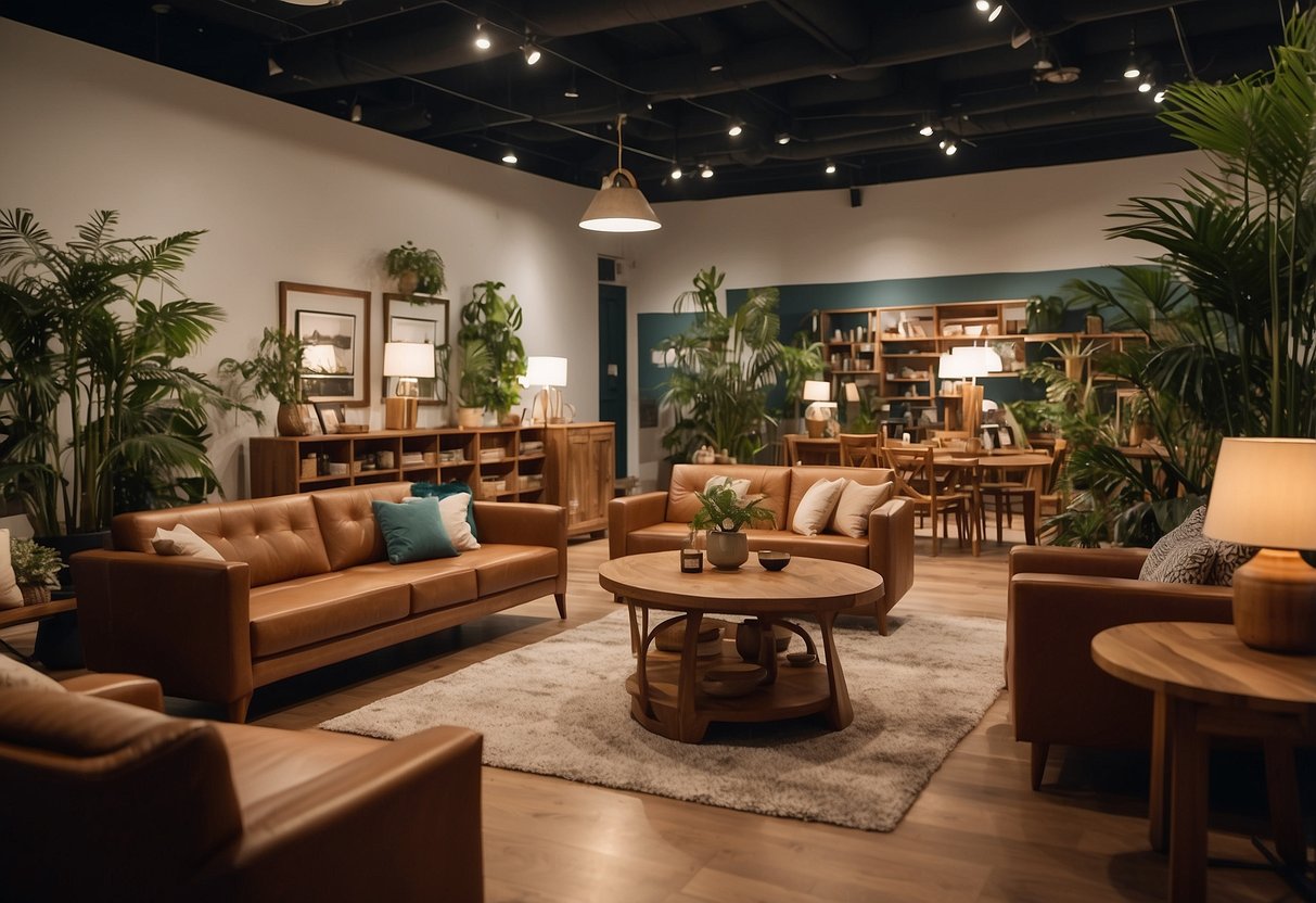 A cozy teak furniture showroom with customers browsing and a helpful staff member answering frequently asked questions