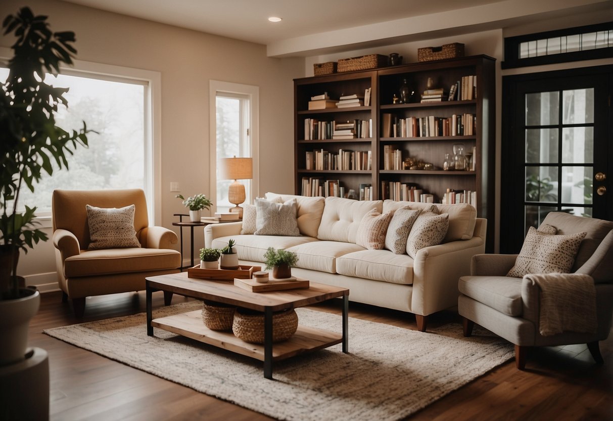 A cozy living room with a plush sofa, coffee table, and bookshelves. A warm rug and soft lighting create a welcoming atmosphere
