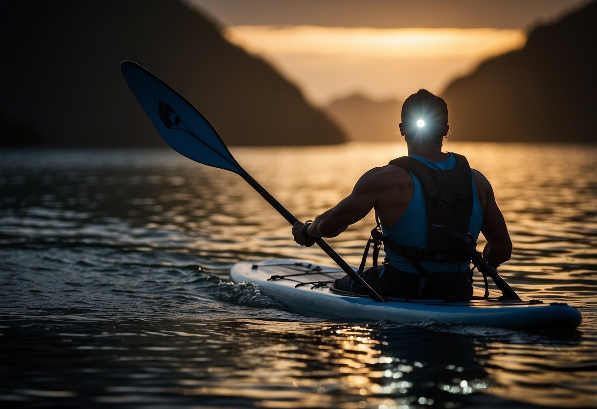 A paddleboarder wearing a lightweight headlamp navigates through the dark waters, with the beam illuminating the surrounding area. The headlamp's adjustable straps and waterproof design are highlighted