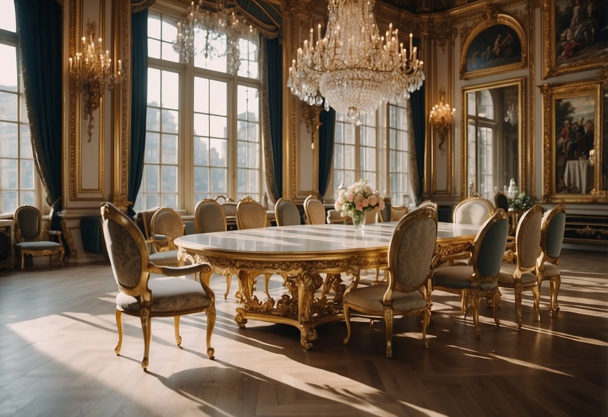 Opulent Louis XIV furniture: ornate gilded chairs, marble-topped tables, and elaborate tapestries in a grand, opulent palace setting