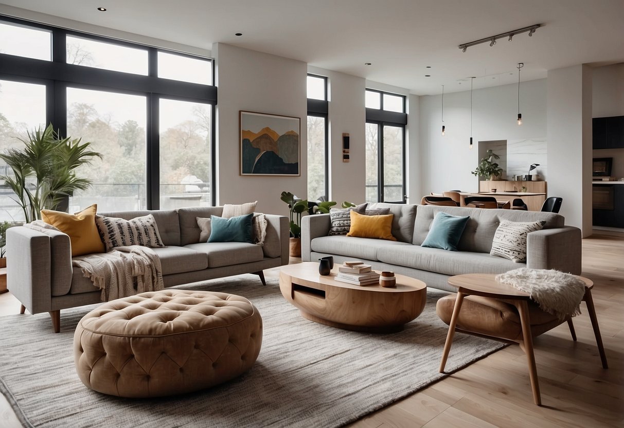 A modern living room with EF Furniture pieces arranged in a stylish and inviting manner. The room is filled with natural light and features a minimalist color palette with pops of vibrant accents