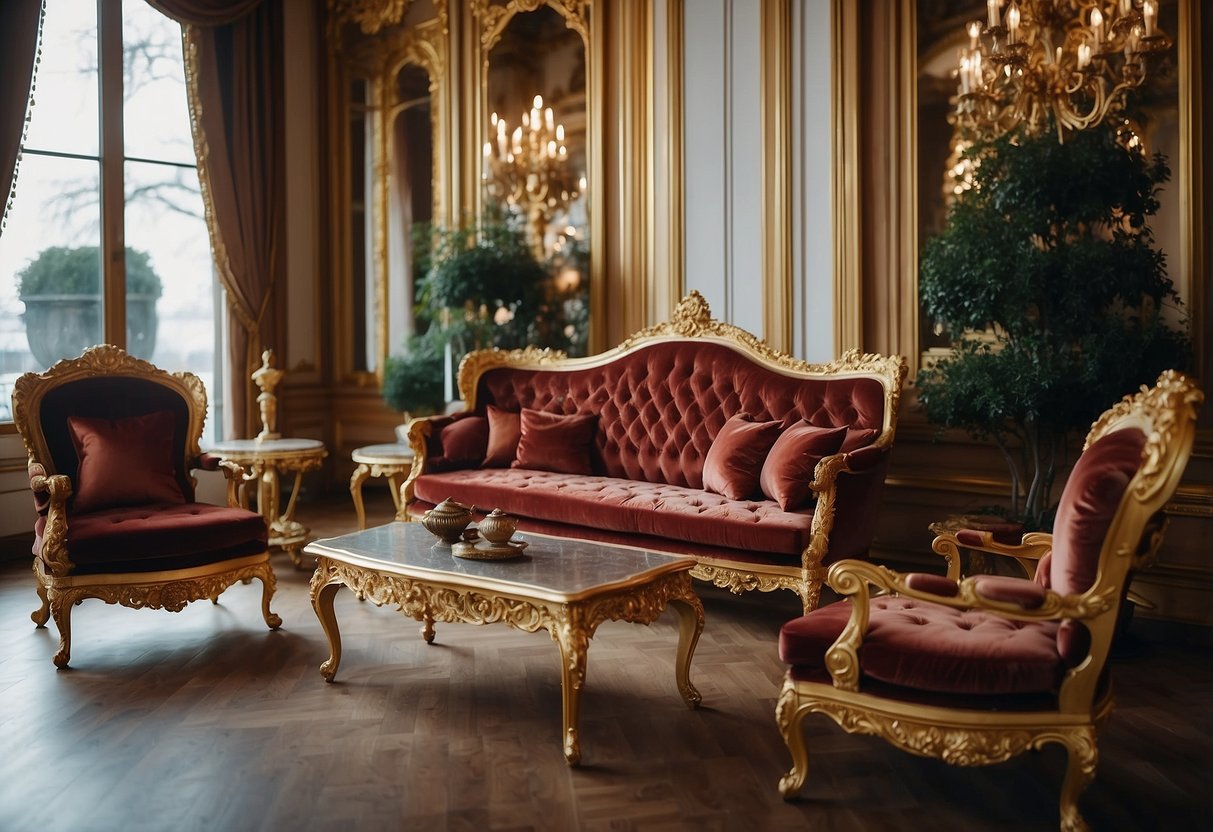Opulent Louis XIV furniture with ornate carvings, gilding, and rich velvet upholstery. Grand scale, symmetrical designs, and elaborate details