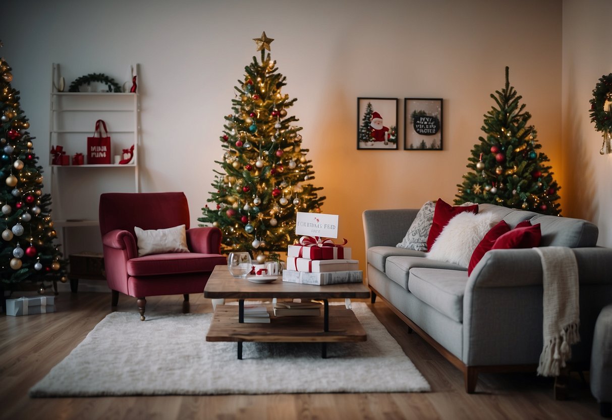A cozy living room with a decorated Christmas tree, festive furniture, and a sign reading "Frequently Asked Questions Christmas Furniture Sale."