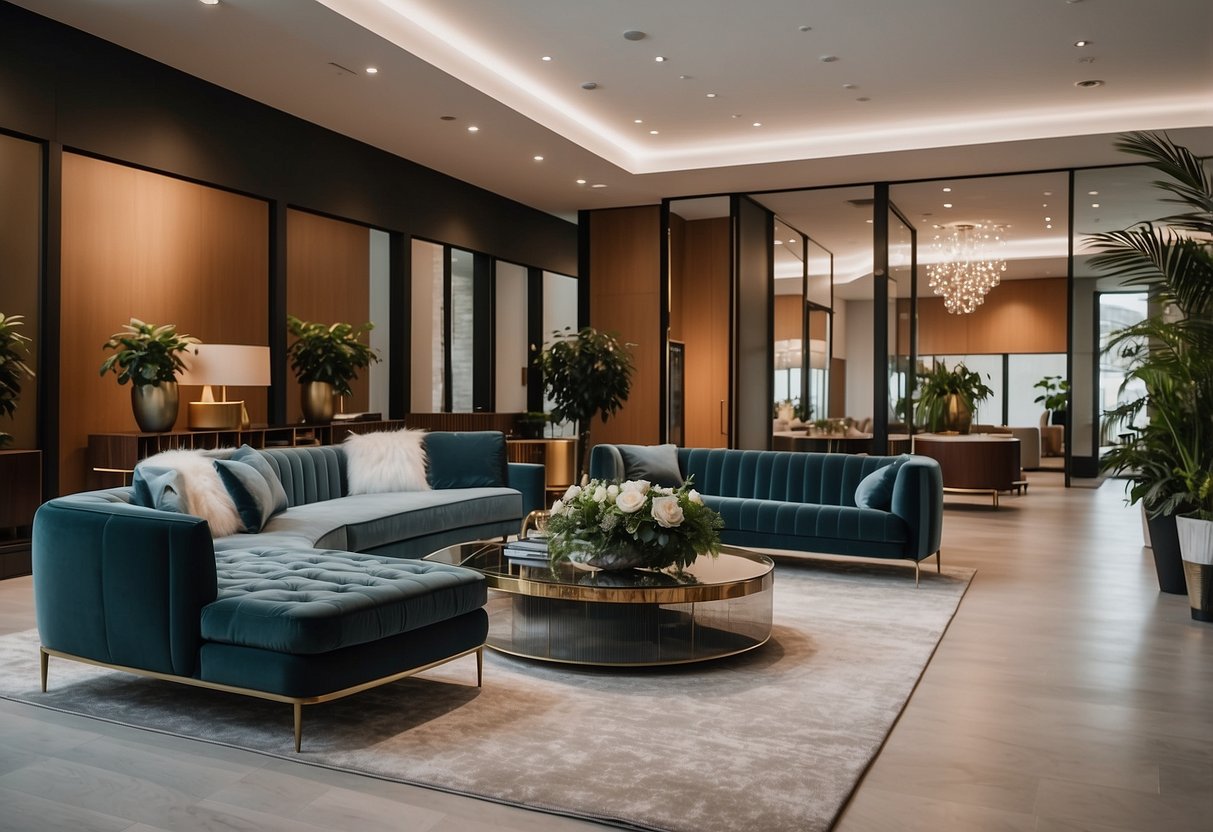 A sleek, modern showroom with clean lines and polished finishes. A variety of high-quality furniture pieces are elegantly displayed, showcasing our dedication to excellence