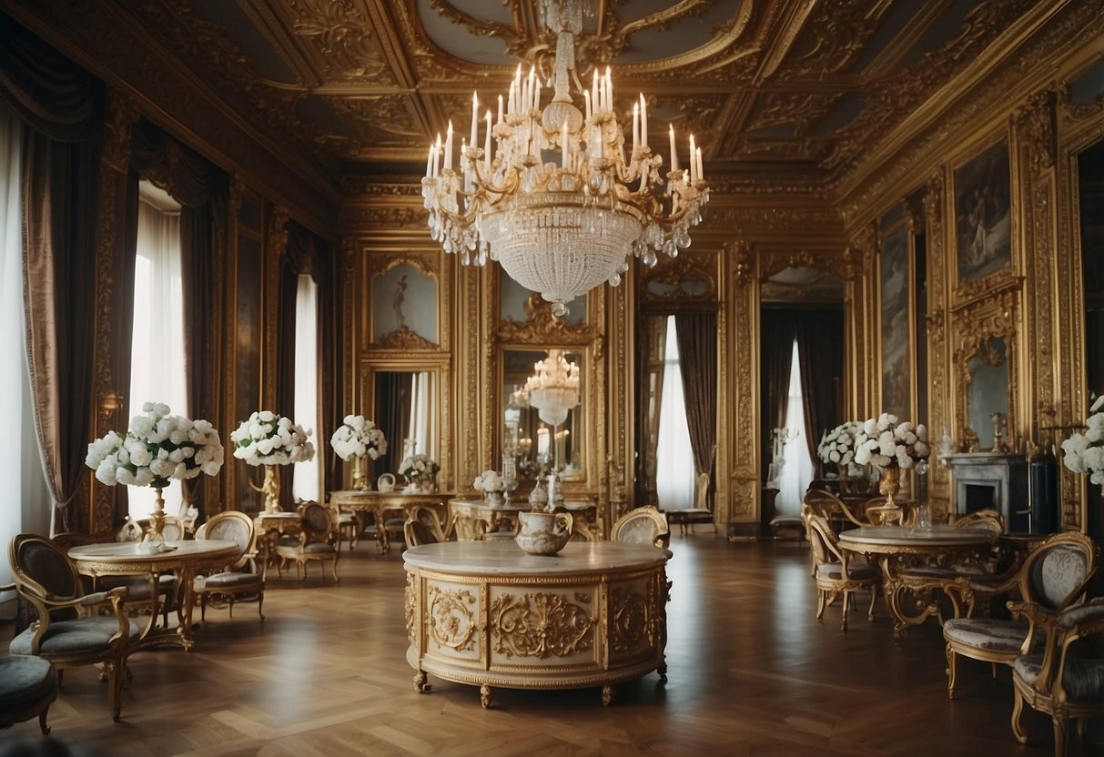 Opulent palace interior with ornate Louis XIV furniture and grand chandeliers