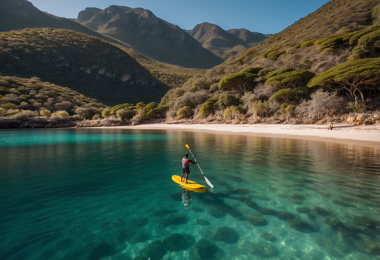 Crystal clear waters reflect the vibrant African sun as paddleboarders glide along the coastline, surrounded by stunning natural landscapes and diverse wildlife