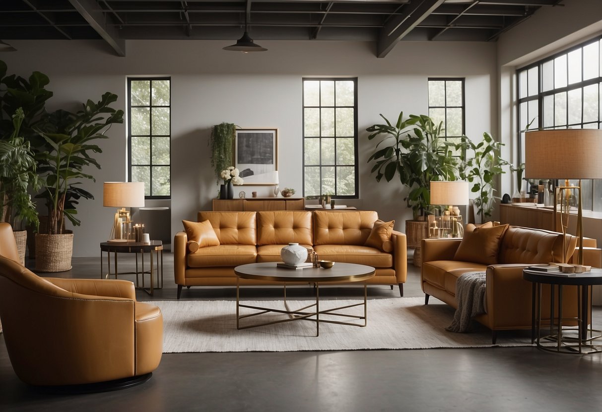 A room with various furniture pieces labeled with "Frequently Asked Questions" tags. Bright lighting and clean lines create a modern aesthetic