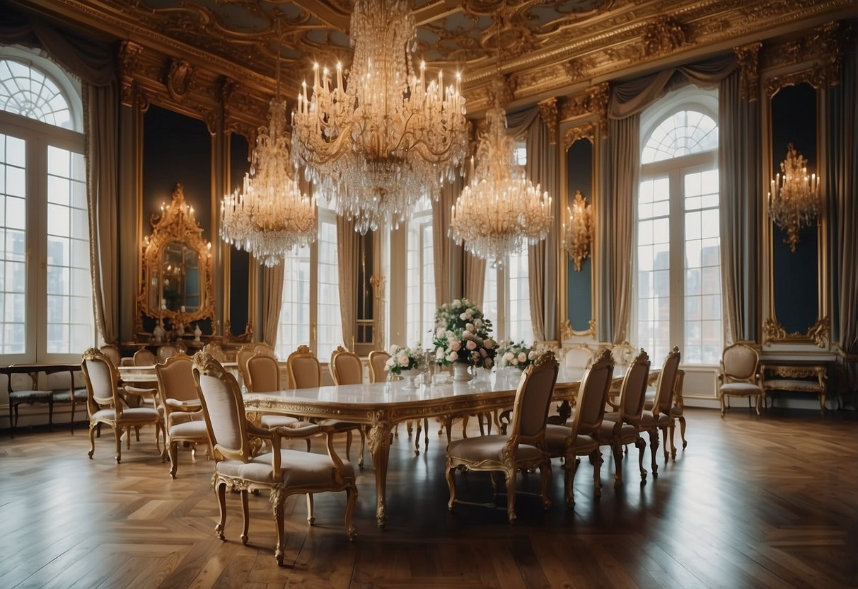 A grand hall with opulent Louis XIV furniture, including ornate chairs, gilded tables, and elaborate chandeliers, exuding luxury and sophistication