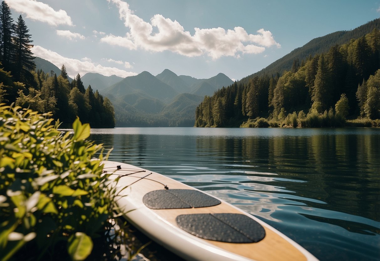 A serene lake with lush green surroundings, a paddleboard floating peacefully on the water, with a distant view of mountains in the background