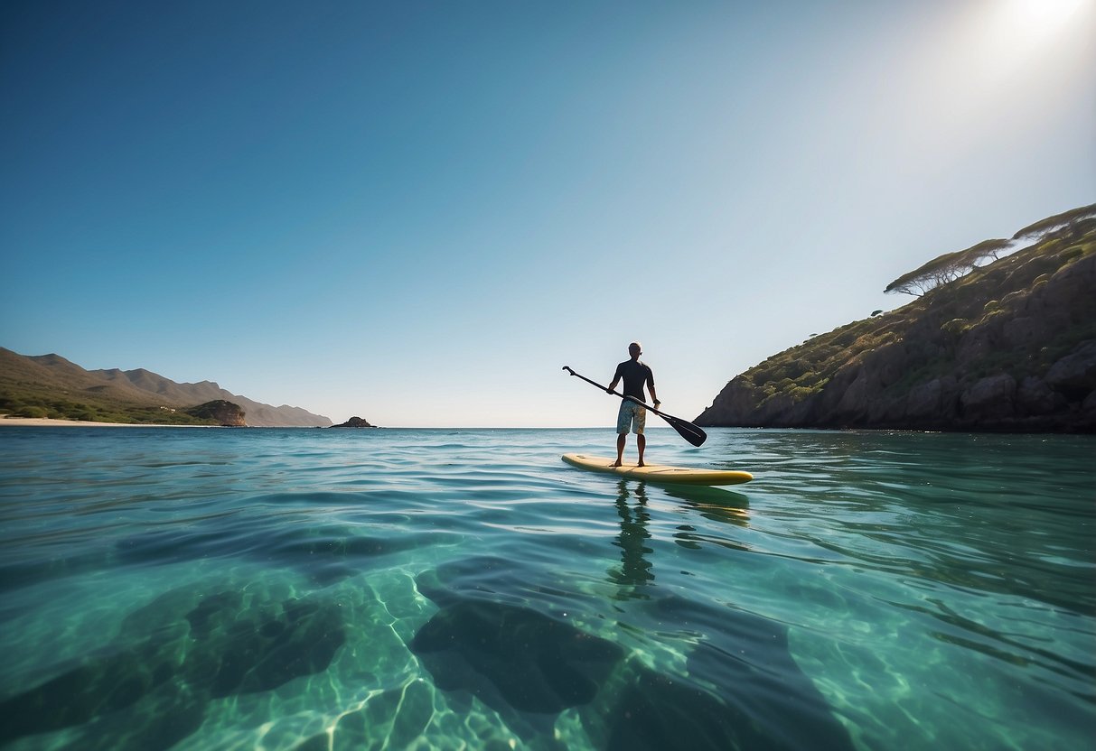 A paddleboarder glides across the clear blue waters of a tranquil African bay, surrounded by stunning coastal landscapes and vibrant marine life