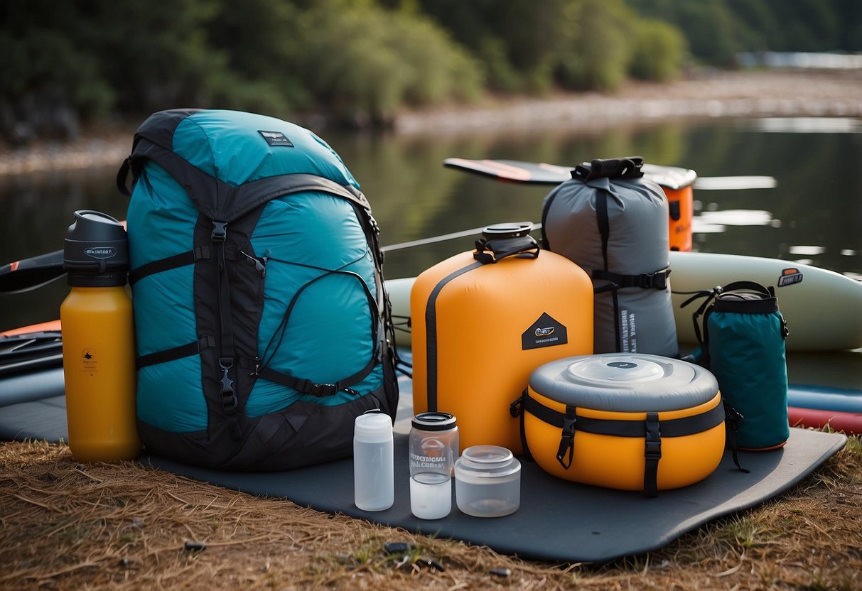 A paddleboarder packs light gear: compact tent, sleeping bag, dehydrated meals, water purifier, lightweight stove, and minimal clothing