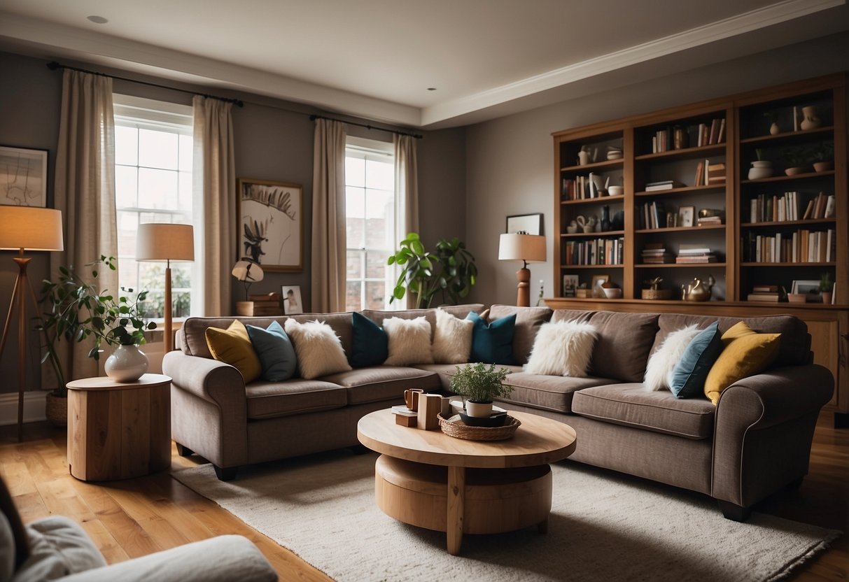 A cozy living room with a variety of furniture on display, including sofas, chairs, coffee tables, and bookshelves. The warm lighting creates a welcoming atmosphere