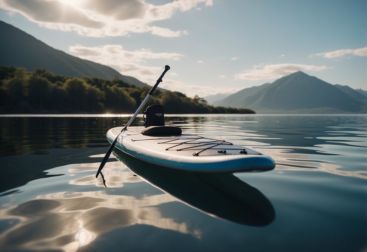 A lightweight paddleboard floats on calm water, with a clear sky and distant mountains in the background