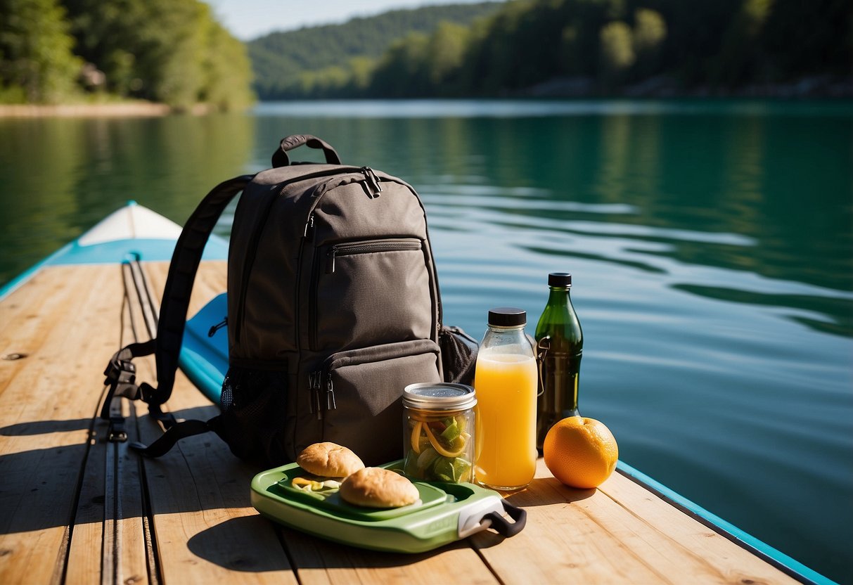 A backpack filled with lightweight, high-calorie food items sits next to a paddleboard and gear. The sun is shining, and the water is calm, indicating a perfect day for a paddleboarding trip