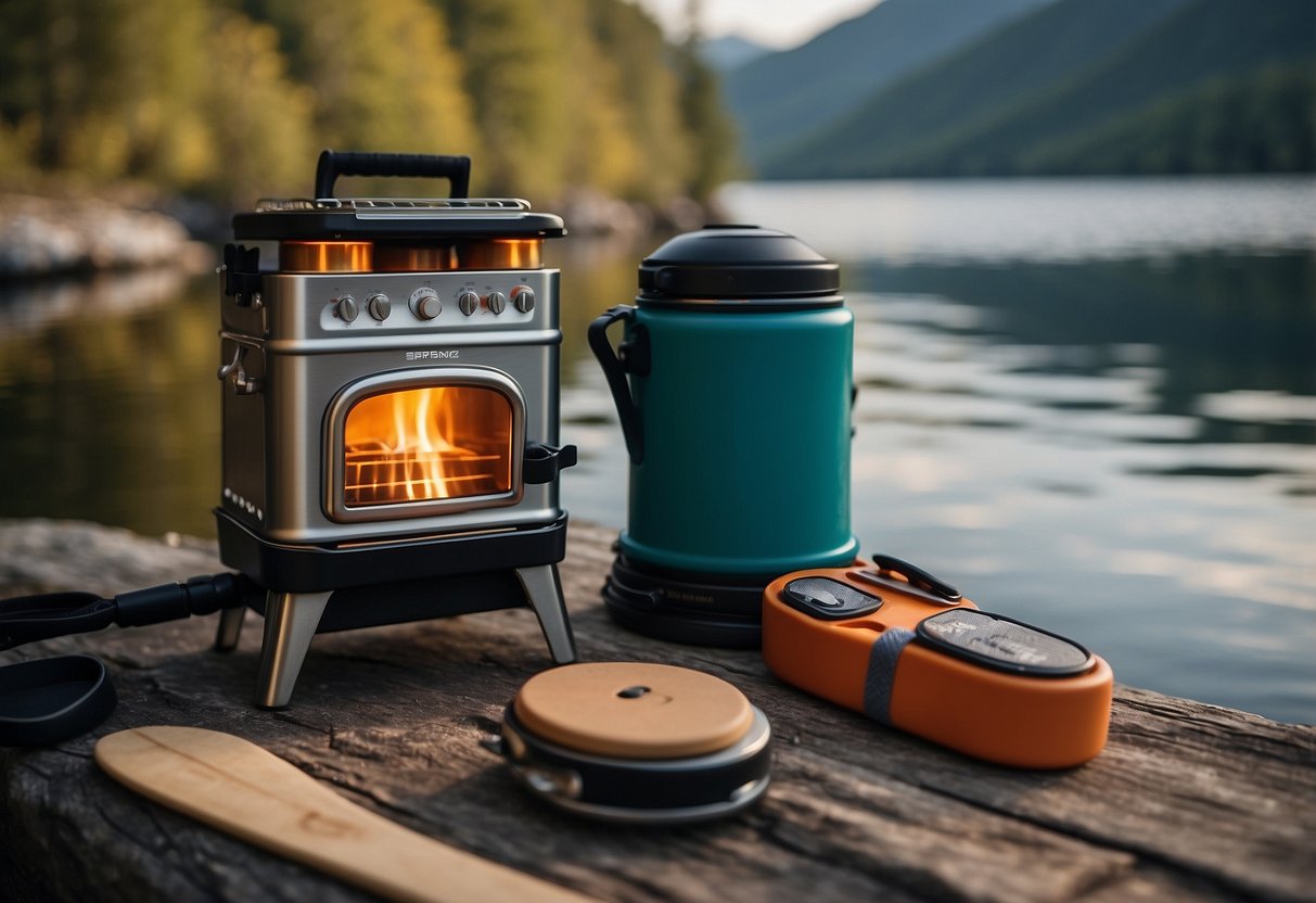 A compact camping stove sits atop a lightweight pack next to a paddleboard on a serene lake shore