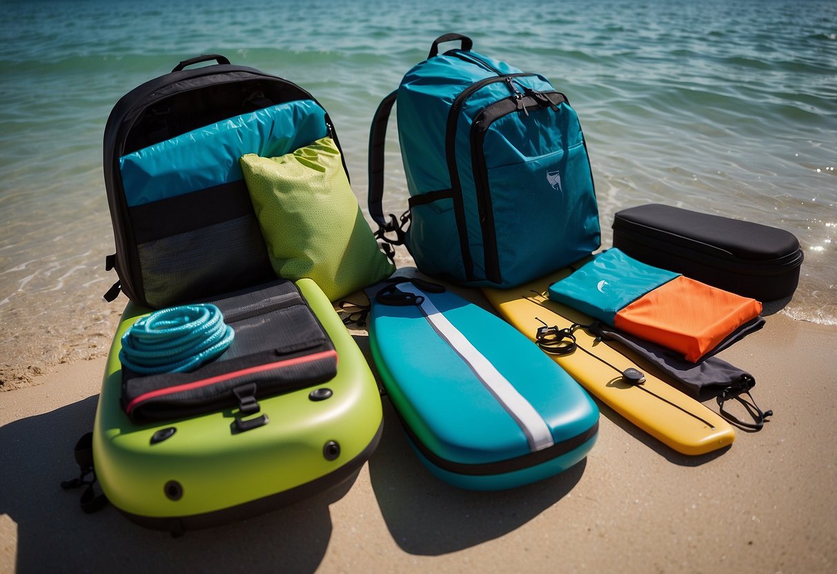 The scene shows a person packing lightweight, quick-drying clothing into a backpack for a paddleboarding trip. The clothing includes swimwear, rash guards, and moisture-wicking tops and bottoms