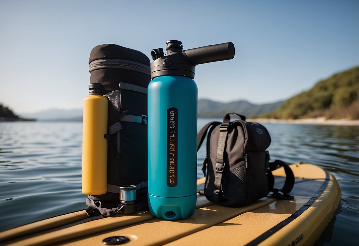 A person carries a compact water filtration system while packing for a paddleboarding trip, with lightweight gear neatly organized around it