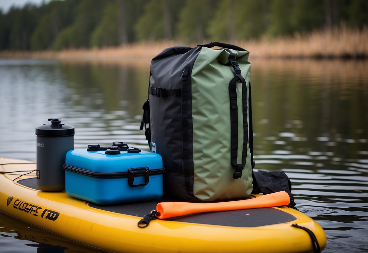 A weatherproof dry bag sits on a paddleboard, surrounded by lightweight gear like a compact stove, water filter, and dehydrated meals