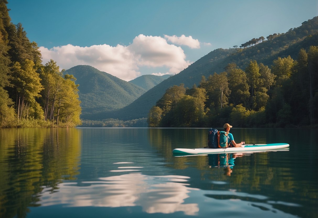 An inflatable backpack floats on calm water, with a paddleboard and serene natural surroundings in the background