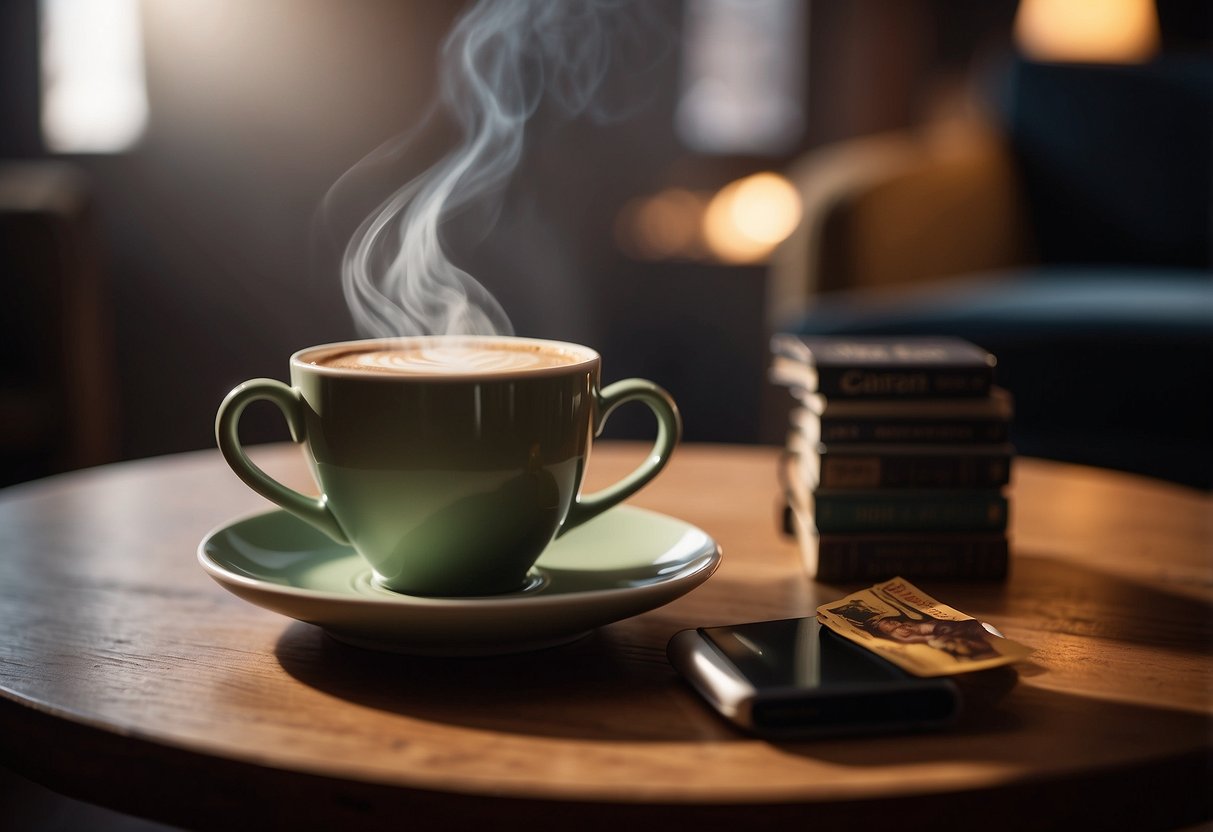 A steaming cup of coffee sits on a wooden table surrounded by a cozy armchair and a side table with a stack of books
